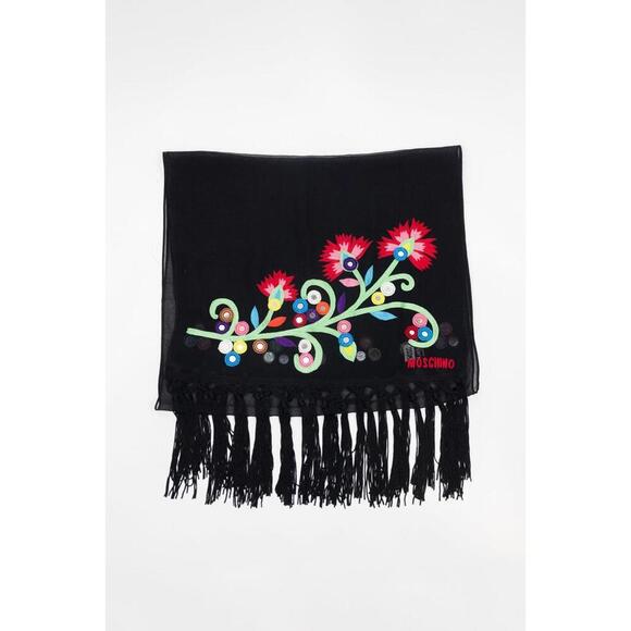 Moschino Black Shear Tassel Scarf Embroidered Flowers - Picture 2 of 3